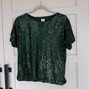 H&M green sequin short sleeve top